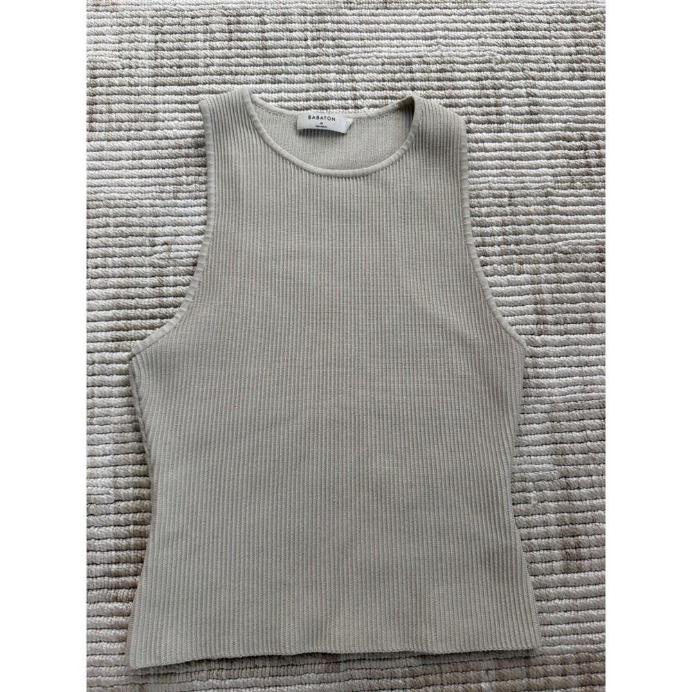 Babaton Sculpt Knit Tank Top Beige Ribbed High Neck Racerback Sleeveless M